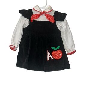 Vtg Cradle Togs girls back to school black corduroy jumper w blouse apple 3T